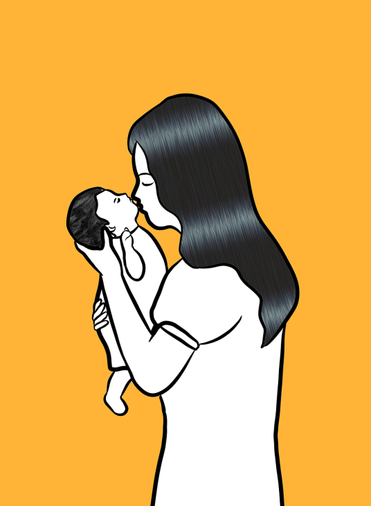Dessin d'une mère portant un bébé et l'embrassant
